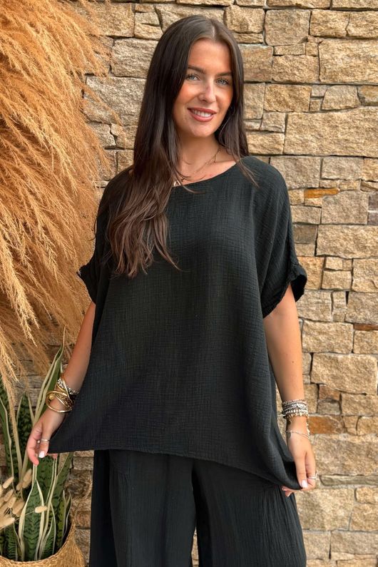 Pure Cotton Santos Keyhole Drape Back Top Black